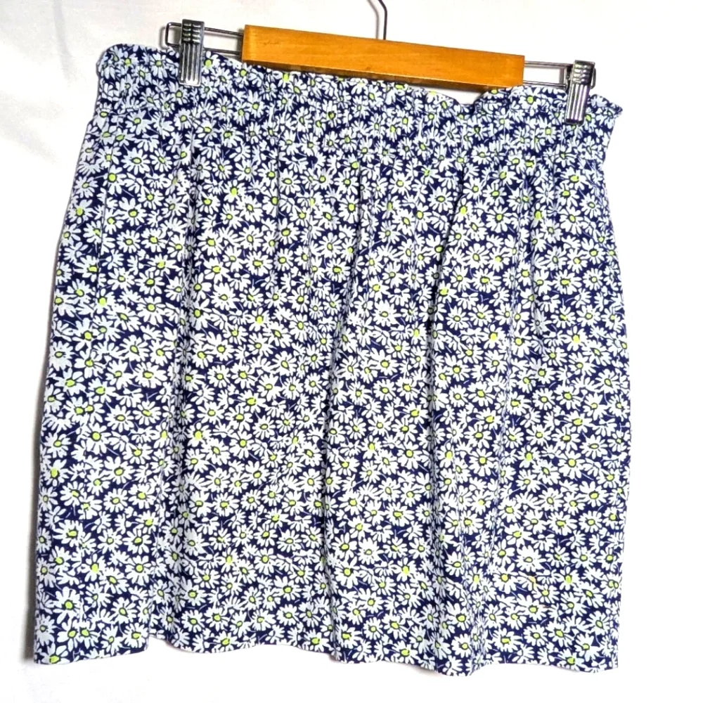 J. Crew Linen/Cotton Blend, Navy Blue Daisy Elastic Waist‎ Midi Skirt, Sz 12
